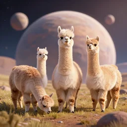 3 d rendering of family of an alien alpaca like species grazing on an exoplanet, octane renderer, fluffy, subsurface scattering, very beautiful, softblur, dynamic scene