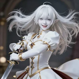 renaissance art of joyful elf girl with white skin, sword in hand, hair blowing the wind, trending artistic art, anime, dynamics, fate zero, realistic face, extremely high detailed, bokeh background, studio ghibly makoto shinkai yuji yamaguchi, wlop, genshin