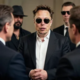 picture of elon musk wearing sunglasses and being mafia boss meeting yakuza, good lighted photo, sharp details, detailed, hd, hdr