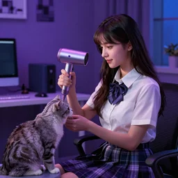 a girl playing with a cat A comfortable study room at night,purple and blue theme,,S line,hard edges,jk uniform ,Hairdryer by mucha and krenz cushart and range murata