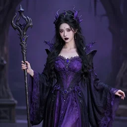photograph of a real-life beautiful elemental darkness witch with ornate purple and black robes and staff.  Extremely detailed. 8k