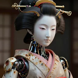 portrait of a slightly rusty beautiful japanese robotic geisha with wires and actuators, porcelain white face, dramatic lighting, hyper - realistic, ultra - realistic, intricate details, japanese model, 8 k ultra high definition, octane render