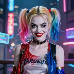 harley quinn film still of her standing, arkham knight style, head and shoulder shot, smiling, cyberpunk setting, beautiful cityscape background, neon signs, vibrant colors, holograms, 4k, digital art