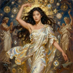 highly detailed oil painting of elegant nora _ kyzy asian super goddess, sun kissed face, long hair, glowing skin, silky flowing alive cloth, greek scene, beautiful warrior body by leyendecker, dozens of astral diamoind sigils in air, by greg rutkowski, brom, anato finnstark, alphonse mucha, cinematic lighting,