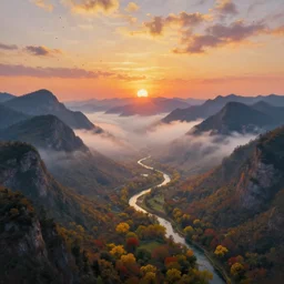 The most beautiful panoramic landscape, oil painting, where the mountains are towering over the valley below their peaks shrouded in mist, the sun is just peeking over the horizon producing an awesome flare and the sky is ablaze with warm colors, lots of birds and stratus clouds. The river is winding its way through the valley and the trees are starting to turn yellow and red, by Greg Rutkowski, aerial view