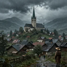 extreme long panoramic shot concept art depicted rainy old austrian village, high details, dramatic mood, deep environment, art by legends of runeterra and tomasz jedruszek and gabor szikszai, trending on artstation, unreal engine, 8 k, 4 k