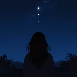 view from behind a dead by daylight killer with long hair reaching up to a night sky, stars aligning, character portrait, digital art