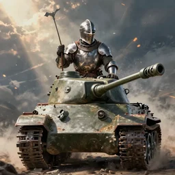 a medieval knight proudly operating a WW2 tank, digital art, realistic, detailed, artstation