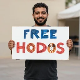photo of emad holding a sign saying free hotdogs and puppies