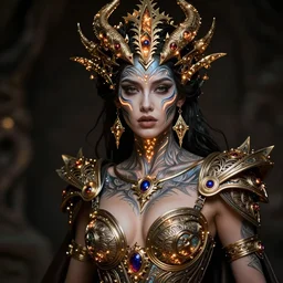 portrait of the beautiful celtic queen with sexy neckline and with war face painting in the style of h. r. giger. glowing, ornate and intricate, stunning, dynamic lighting, intricate and detailed.