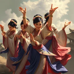 top angle shot of group of asian females with ao dai costumes, dancing, masterpiece painted by jc leyendecker, 8 k, high detail, fantasy art, dnd, artstation,