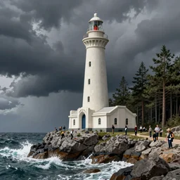 stormy seas bash the rocks atop which sits a massive art deco minas tirith lighthouse, pine forest, by Renato Muccillo, Andreas Rocha, James  Gurney, Angus McBride, Larry Elmore, Thomas Kinkade, matte painting, featured in artstation, octane render, cinematic, elegant, intricate, 8k