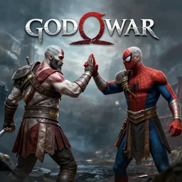 title screen of the game god of war with Kratos and Spiderman high fiving