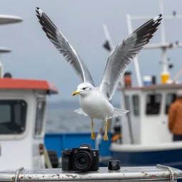 a seagull on a fishing boat, nature photography, wildlife photography canon, sony, nikon, olympus, 4 k, hd, telephoto, award winning, depth of field