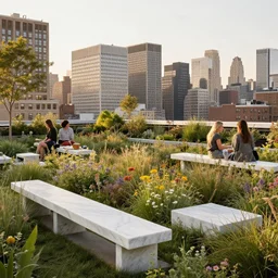 artists impression of award - winning rooftop garden design, white marble benches amidst wildflower meadow, nyc skyline in background, photograph at golden hour