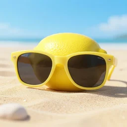 A lemon wearing sunglasses on a beach,4k quality