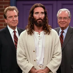 Photo still of Jesus Christ in 1990s clothing guest-starring alongside Jerry Seinfeld during an episode of the TV show Seinfeld (1994)