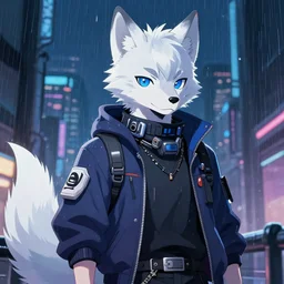 character portrait of a male anthro albino wolf fursona with a tail and a cute beautiful attractive detailed furry face wearing stylish cyberpunk clothes in a cyberpunk city at night while it rains. hidari, color page, tankoban, 4K, tone mapping, Akihiko Yoshida. Nomax, Kenket, Rukis.