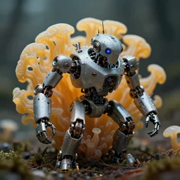 macro photography of a tiny biomechanical tremella - fuciformis robot!!!, mechanical enhancements, fungipunk, hostile, otherworldly, powerful, cyberpunk, epic, cinematic