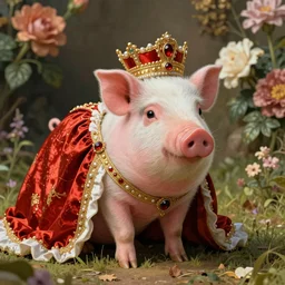 the royal piglet by greg hildebrandt, miniature pig, queen, regal, baroque, flowers