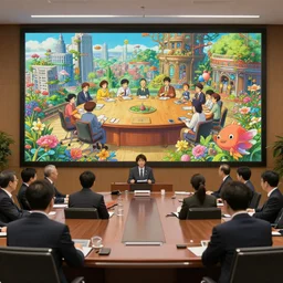 a wholesome key shot of a conference room full of executives and large screen like a board room in skyscraper by studio ghibli, nicoletta ceccoli, mark ryden, lostfish, max fleischer, detailed and intricate environment, bloom, 8 k resolution, hyperrealistic, octane render, vivid colors, bright, cheerful, detailed and intricate environment