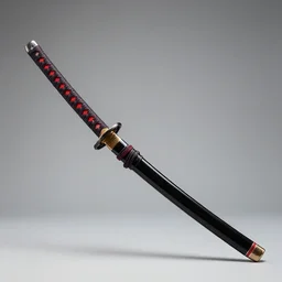 a black and red katana, half way in it's sheathe, studio lighting