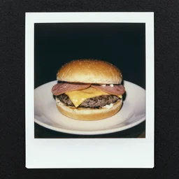 A 1980s Polaroid photo of a hamburger with cheese ham and meat.