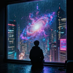 one cyber godly person made of cosmic nebula galaxy energy watching a rainy colorful complex cyberpunk futuristic holographic city from behind at night through a window in a room, reflections, high contrast, 8 k, photorealistic, concept art, wet, highly detailed, cinematic mood by ridley scott, ghost in the shell, trending on artstation, glowing and epic