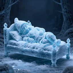 long distance shot of an ice statue of a dwarf peacefully sleeping on her wooden bed, stunning digital art high detail 4k octane rendering dark atmosphere