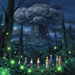illustration of a sci fi giant forest with fireflies and rain and luminescent flowers at night with cummulonimbus clouds by makoto shinkai, by moebius!!, by oliver vernon, by joseph moncada, by damon soule, by manabu ikeda, by kyle hotz, by dan mumford, by kilian eng, by nico delort