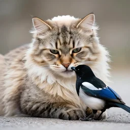 siberian cat cuddling with magpie