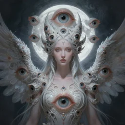 A beautiful digital painting of Seraphim, have many eyes, the moon behind her, intricate, cinematic lighting, highly detailed, digital painting, Artstation, concept art, smooth, sharp focus, illustration, art by Tom Bagshaw, Artgerm and Greg Rutkowski