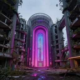 a beautiful photorealistic render of building ceremonial chamber industrial architecture city abandoned architecture urbex nature unfinished building by shigeru ban, neon noir, archdaily, wallpaper, highly detailed, trending on artstation.