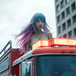 portrait of a blue and pink haired korean woman riding on top of a firetruck by hr giger, greg rutkowski, luis royo and wayne barlowe 8 k
