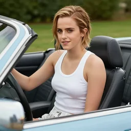 a 4 k photo of emma watson wearing a tight white tanktop and shorts in a convertible car