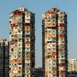 close - up towers made up of colourful squatter housing, bleached colours, plain uniform light blue sky, dystopia, mamiya, very detailed, ultra sharp, photographed by john chiara