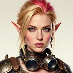 still from blade runner of head and shoulders portrait, female artificer, gray eyes, welding goggles around neck, strawberry blonde, elf, d & d, steampunk, by artgerm, facial detail, extremely detailed, comic book cover photo