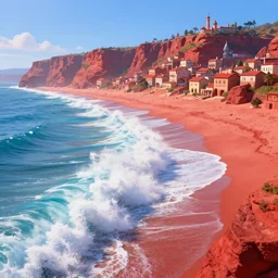a gorgeous image of large ocean waves crashing into a red sand dune beach! a fantasy village built into the red rock cliffs stretches into the distance! in the style of thomas cole and pixar. beautiful beyond imagination! hyperrealism, extremely detailed! 8 k, smooth gradient cgi, path tracing, trending on artstation
