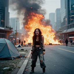 Cinestill 50d candid photography of a city on fire, extreme wide shot of a poor techwear mixed woman wearing thick mascara and makeup crying outside of a futuristic city on fire, cyberpunk, tattoos, homeless tents on the side of the road, extreme long shot, desaturated, full shot, action shot, blurry, 4k, 8k, hd, full color
