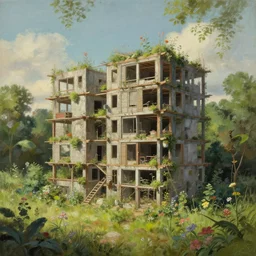 a beautiful hyperdetailed painting of city nature unfinished building tiny home building architecture by ludwig mies van der rohe, meadow darkacademia lightpaint studio ghibli reclaimed by nature flowers, archdaily, wallpaper, highly detailed, trending on artstation.