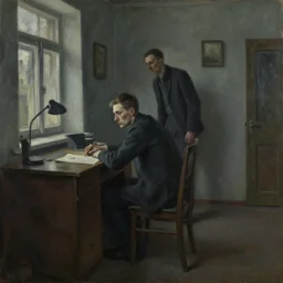 dark oil painting a gaunt man in soviet apartment sitting on a desk suddenly turns behind himself