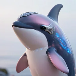 natural light, soft focus portrait of a cyberpunk anthropomorphic orca with soft synthetic pink skin, blue bioluminescent plastics, smooth shiny metal, elaborate ornate head piece, piercings, skin textures, by annie leibovitz, paul lehr