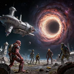 a realistic render an aaahh!!! Real monsters space station near a wormhole in outer space by Ralph McQuarrie Jack Kirby and Steve Ditko | Unreal Engine:. 5, octane, finalRender | graphic novel: .3