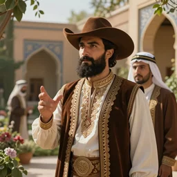 bearded cowboy talking to emir in a palatial garden, persian folkore illustration