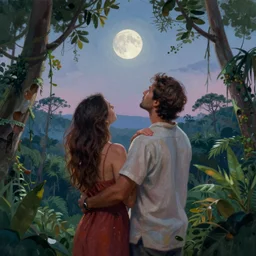 a man lovingly holding a woman by the shoulder in the jungle while starring at the moon in the sky, beautiful colors, art by christophe vacher