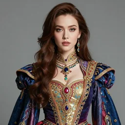 portrait of karen 0, realistic, 4 k, fine details, wearing an ornate costume, concept art, high art, colorful