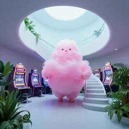 minimalistic extreme wide angle curved perspective digital art of sss chubby cotton candy indoor casino, one staircase, with curly plants by anton fadeev, lorax movie, underwater smoke