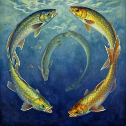 fantastic mythical fish swimming around, eyvind earle style