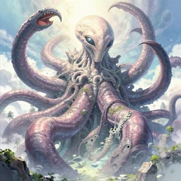 giant ancient alien tentacles artwork by yoshitaka amano, pastel colors, detailed background, extremely detailed, octane rendering, sharp focus, volumetric light, particles, unreal engine 5, rtx