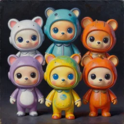 intricate five cute toy action figures portrait, oil on canvas, hdr, high detail, photo realistic, hyperrealism, surrealism, cinematic, matte finish, high contrast, 3 d depth, centered, masterpiece, vivid and vibrant colors, enhanced light effect, enhanced eye detail, artstationhd